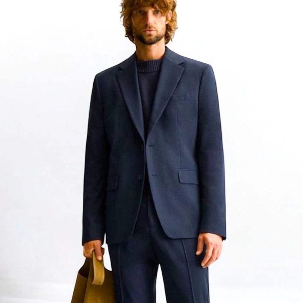Zara Man Diamond Jaquard Textured Navy Blue Blazer 2 -Button Single Breasted 36R